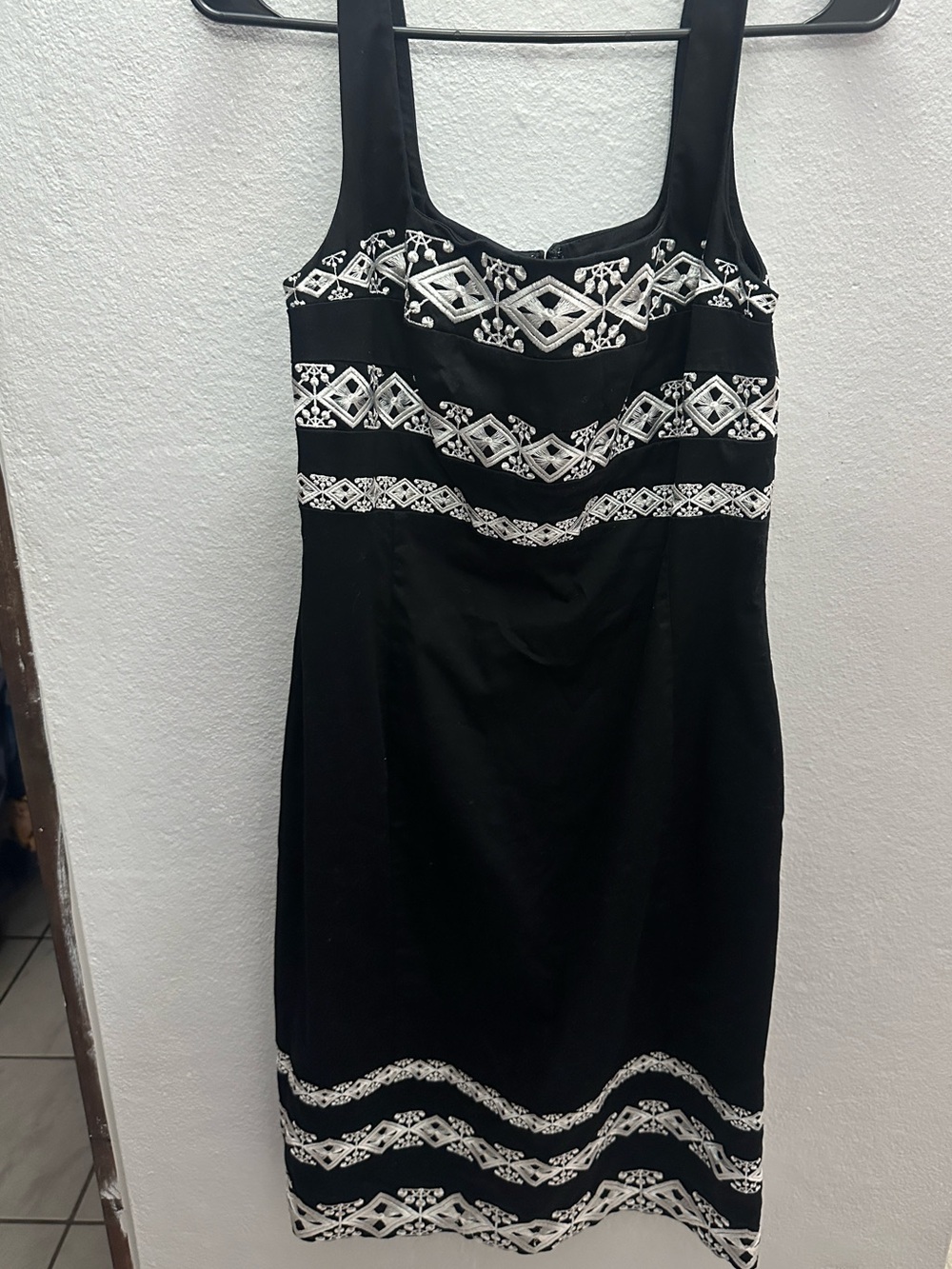White House Black Market Black Midi Dress with White Embroidery